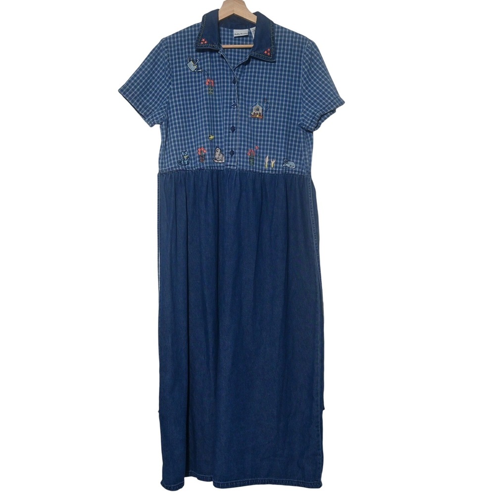 Bobbie Brooks Maxi Dress Womens Embroidered Gingham Denim Blue Size L 12/14